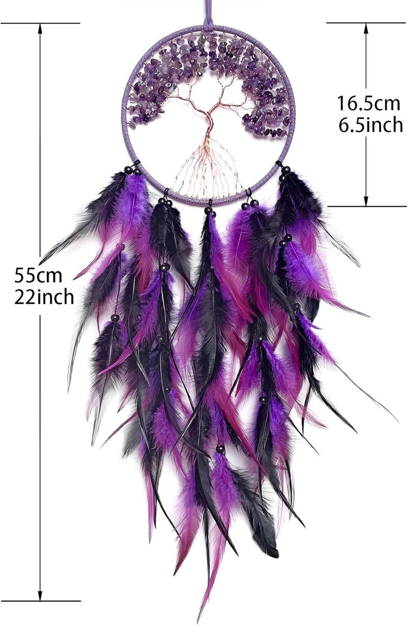 RAGKUU Store Black and Purple Dream Catcher Wall Decor Crystal Tree of Life Dream Catchers Handmade Feather Dreamcatcher Wall Hanging Ornament for Bedroom Living Room Home Decor - Image 2